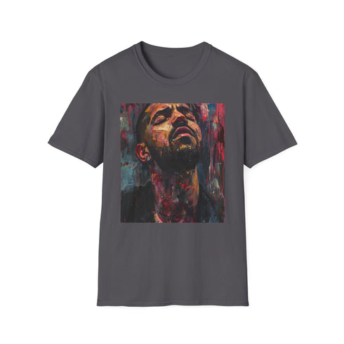 Charcoal cotton T-shirt featuring vibrant Drake portrait with poetic artistry