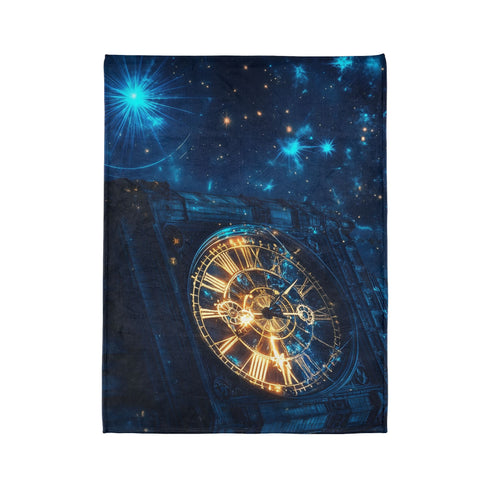 Clock Tower with Stars As Gears Plush Fleece Throw Blanket