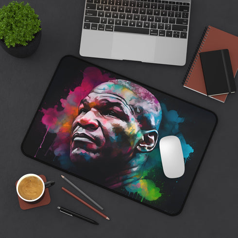 Bold watercolor neon Tyson desk mat featuring Mike Tyson portrait and colors.