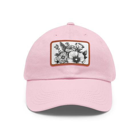 Colorful flower baseball cap with hand-drawn blossom design on white fabric.