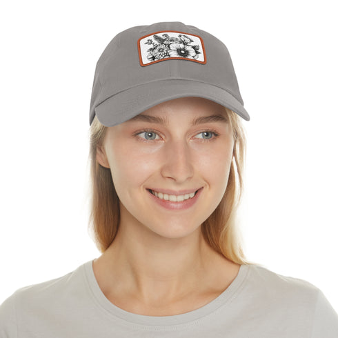 Colorful floral print white baseball cap with light brown patch.
