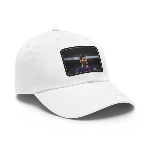 Lionel Messi signature cap in white with light brown patch.