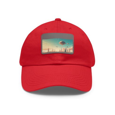 Future Skies Cap: Urban Skyline Edition, white cotton hat with rectangle patch.