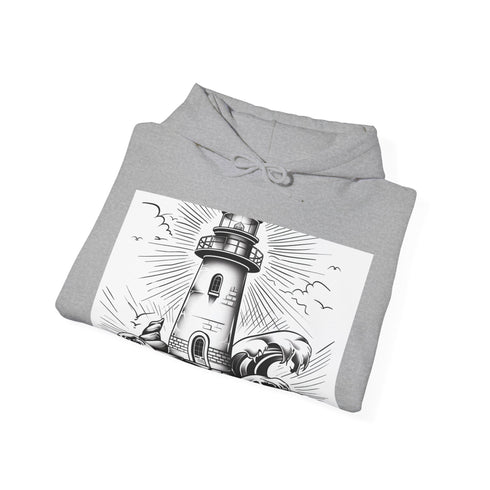Hand-drawn navy lighthouse hoodie representing coastal legacy and guidance.