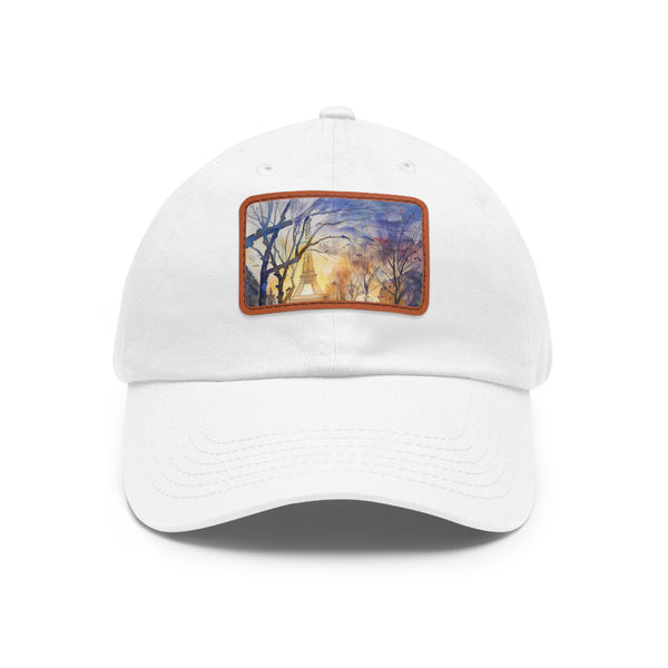 Eiffel Tower watercolor cotton baseball cap in white with light brown patch.