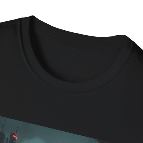 Charcoal cyberpunk cityscape t-shirt with vibrant neon details and regular fit
