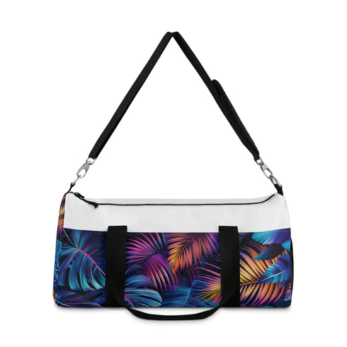 Neon palm leaf duffle bag with vibrant tropical design.