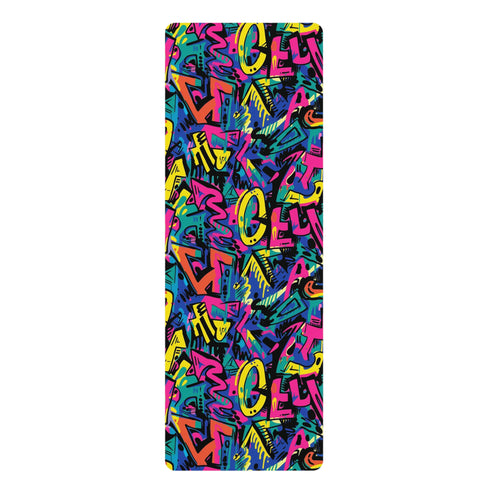 Neon city streets yoga mat with vibrant graffiti pattern.