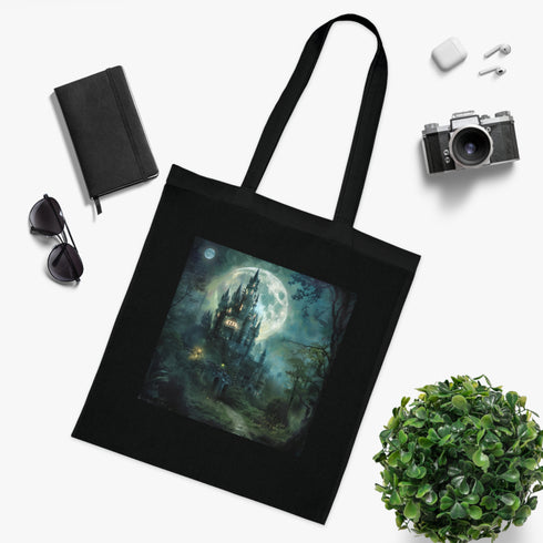 Moonlit Castle Tote Bag in Black Cotton with Dreamy Castle Design