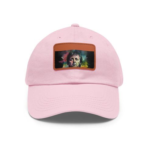 Neon watercolor Paul McCartney baseball cap with white patch.