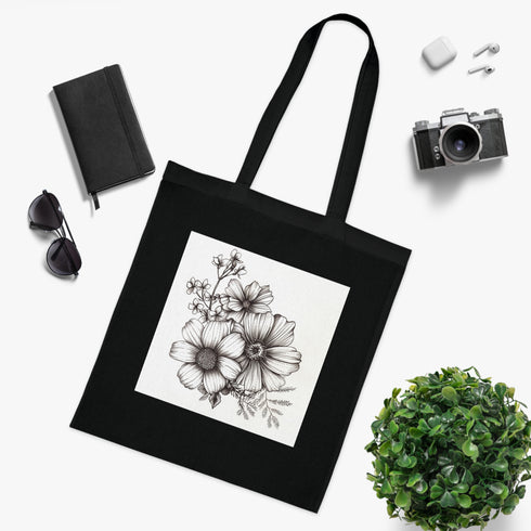 Floral sketchbook tote bag in black cotton with whimsical flowers.