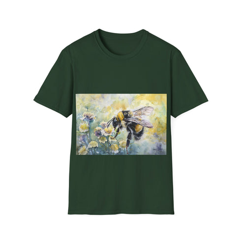 Charcoal crew neck cotton T-shirt with vibrant bumblebee watercolor design