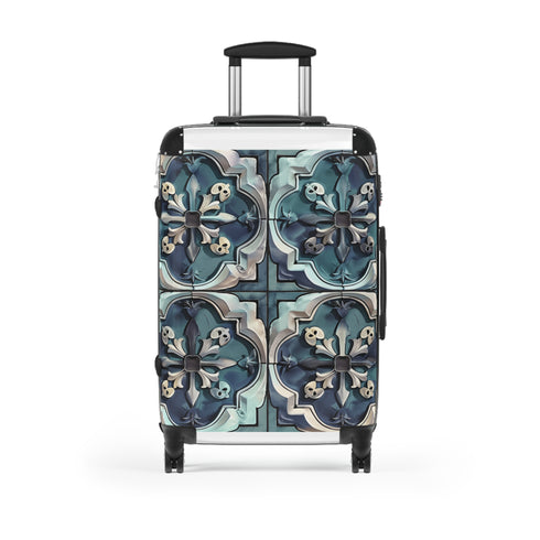 Travel-themed artisan tiles small black bag with seamless pattern design.