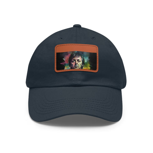 Neon watercolor Paul McCartney baseball cap with light brown patch.