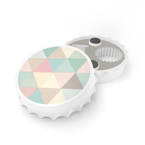 Chic geometric pattern white bottle opener for stylish kitchen accessory magnet.