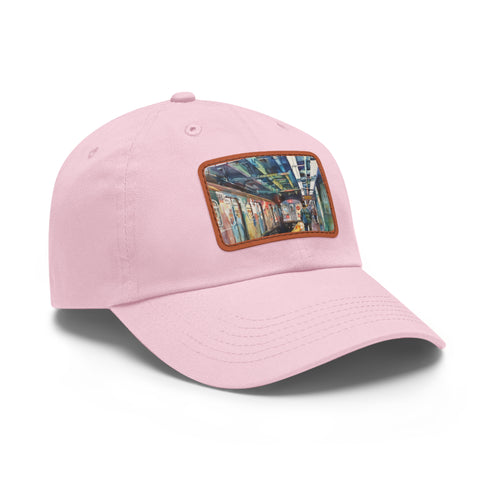 New York Subway Watercolor Snapback Cap with light brown patch.