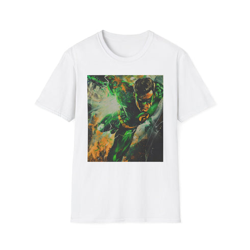 Charcoal crew neck T-shirt featuring vibrant Green Lantern portrait in cotton