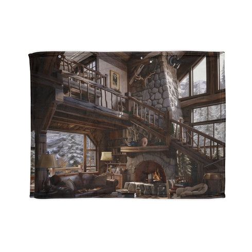 Cozy mountain cabin landscape blanket for peaceful rest and relaxation.