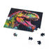 Neon TRex watercolor jigsaw puzzle with vibrant prehistoric design.