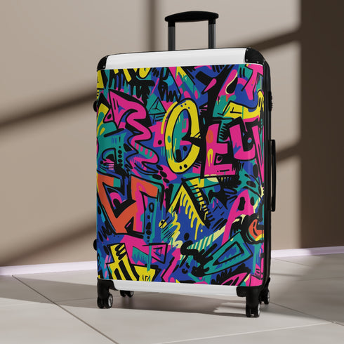 Neon graffiti small black suitcase for trendy urban travelers.