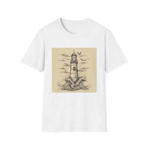 Charcoal cotton t-shirt with hand-drawn lighthouse illustration for coastal adventures