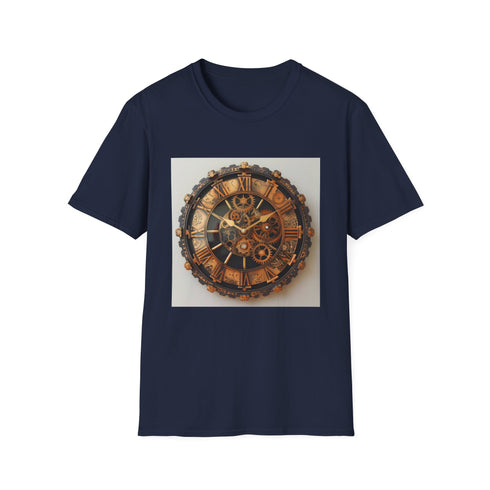 Charcoal steampunk t-shirt with intricate clockwork design and soft cotton fabric