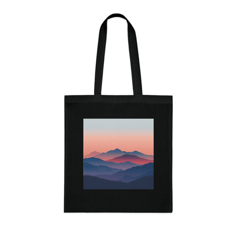 "Black cotton tote bag with modern mountain peaks design"