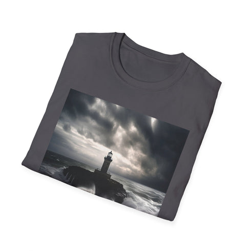 Charcoal cotton T-shirt with lighthouse wave graphic embodies resilience and determination