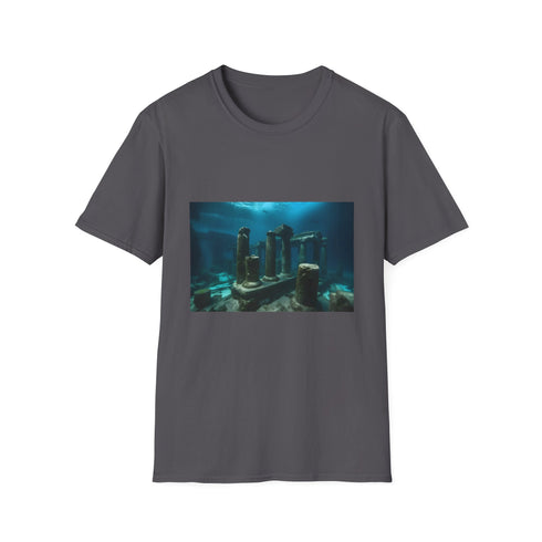 Charcoal cotton t-shirt featuring underwater sunken civilization graphic regular fit crew neck