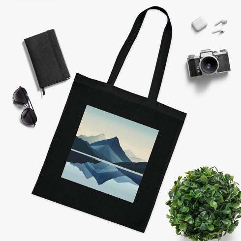 Black cotton tote bag with minimalist mountain design.