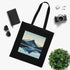 Black cotton tote bag with minimalist mountain design.