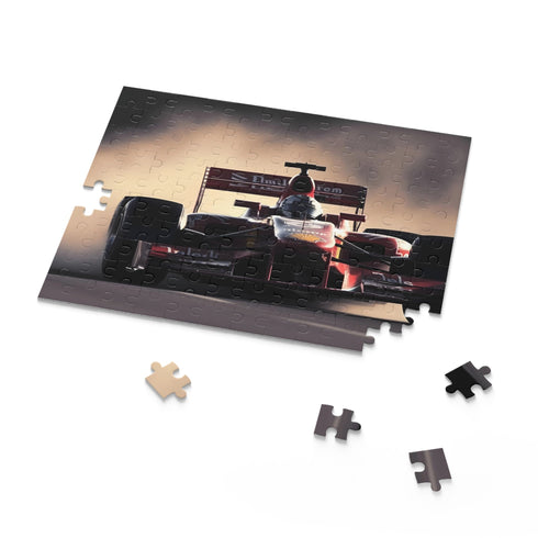 Colorful F1 racing jigsaw puzzle with high-speed cars and intense competition.