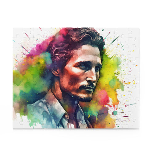 Vibrant neon watercolor puzzle featuring Matthew McConaughey in a colorful portrait.