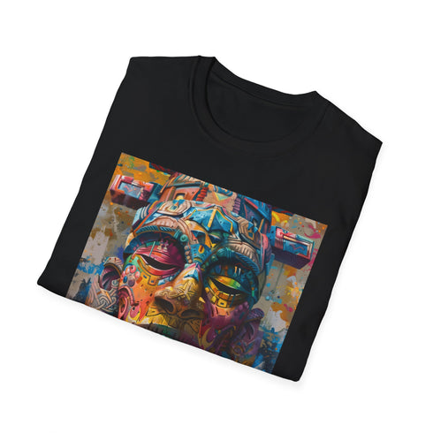 Charcoal cotton t-shirt with vibrant neon tribe mask art design