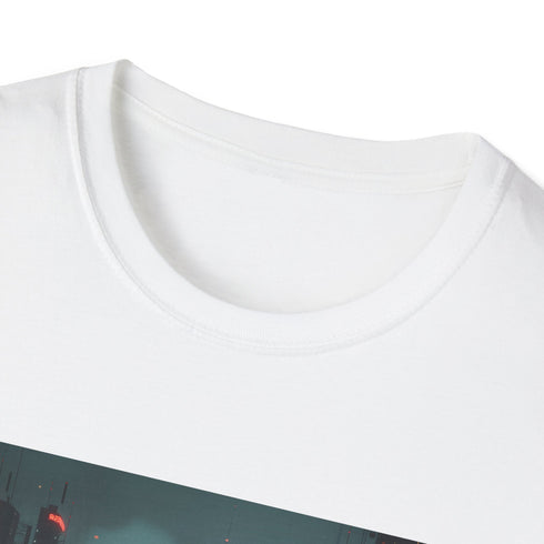 Charcoal cyberpunk cityscape t-shirt with neon landscape and crew neck design