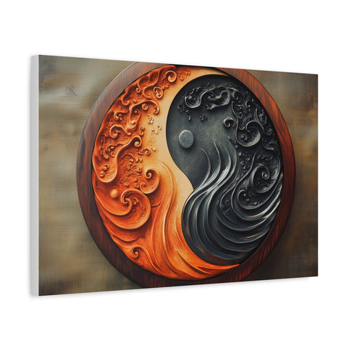 Stylized Yin Yang Made of Waves and Fire Stretched Canvas Wall Art