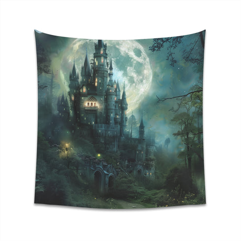 Moonlit Kingdom Fantasy Castle Tapestry: Majestic castle in moonlit forest, perfect for all seasons. Shop now!