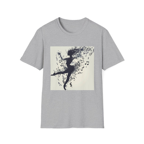 Charcoal cotton T-shirt displaying a dancer's silhouette with musical notes