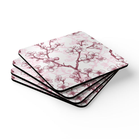 Pink and white Cherry Blossom Corkwood Square Coasters for kitchen.