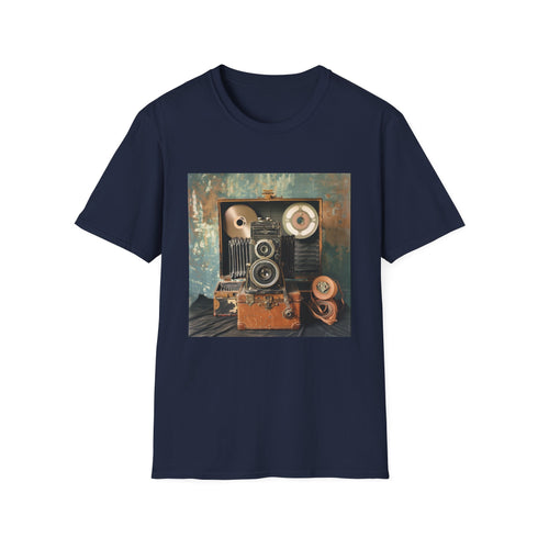 Charcoal crew neck cotton t-shirt with vintage camera and film reel graphic