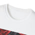 Charcoal cotton crew neck tee with crimson rose pattern evoking modern elegance