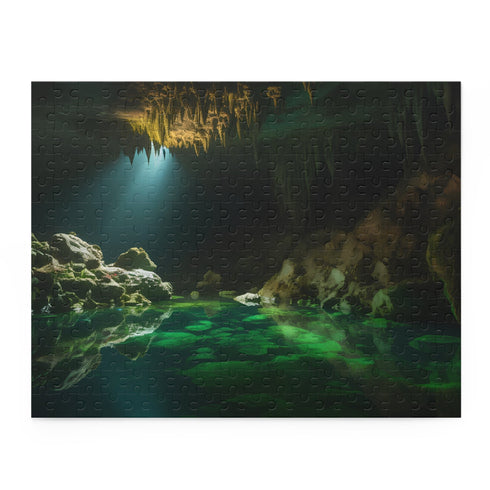 Glowing cave jigsaw puzzle with ethereal light in 10" x 8" size.