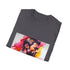 Charcoal cotton crew neck t-shirt with vibrant watercolor neon design