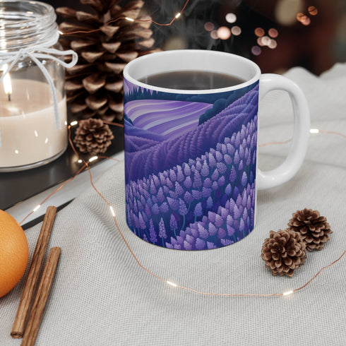 Serene lavender fields ceramic coffee mug with delicate floral pattern.