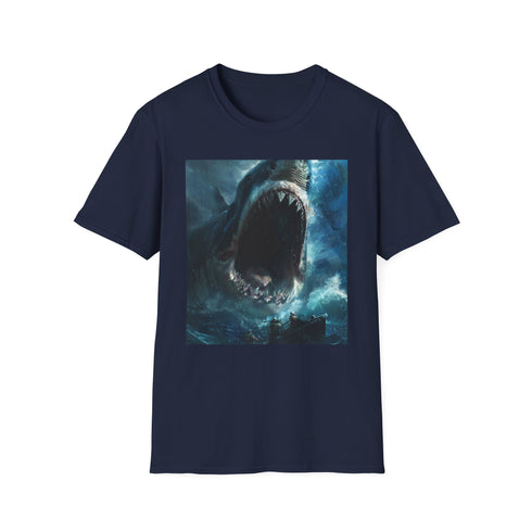 Charcoal cotton t-shirt featuring bold shark painting and crew neck design