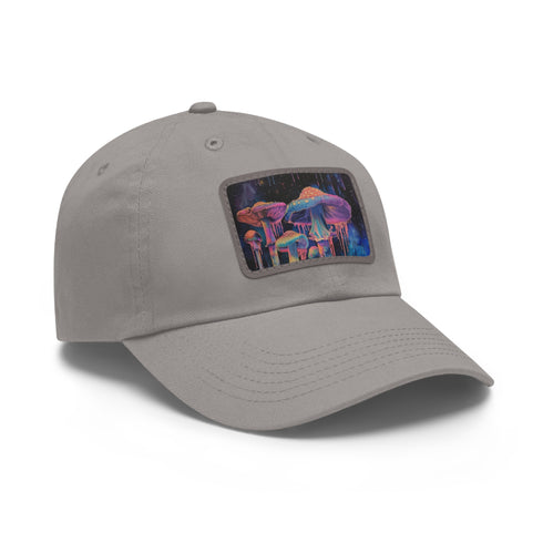 White cotton mushroom trucker hat with light brown rectangle patch.
