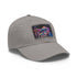 White cotton mushroom trucker hat with light brown rectangle patch.