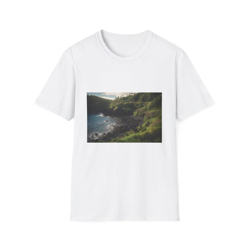 Charcoal cotton crew neck t-shirt with vibrant Maui landscape design