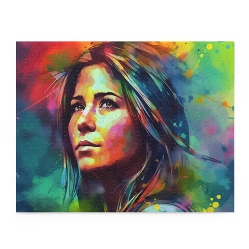 Jennifer Aniston neon watercolor puzzle, 120 pieces, vibrant jigsaw design.