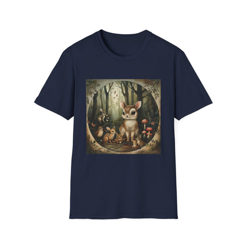 Charcoal forest-themed t-shirt with playful woodland animals and soft cotton fabric